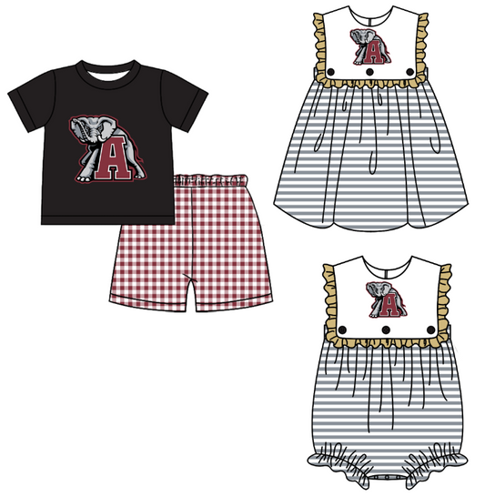Custom moq 5 mix size milk silk summer teams Boy's Black Short-Sleeved Top And Shorts Set Girl's Sleeveless Striped Dress And Romper