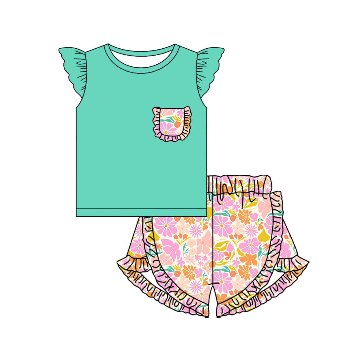 25.10.31 custom each style moq 5 eta 6-8week Sibling Sisters floral baby girl clothes short sleeve shorts sets 6 match family design