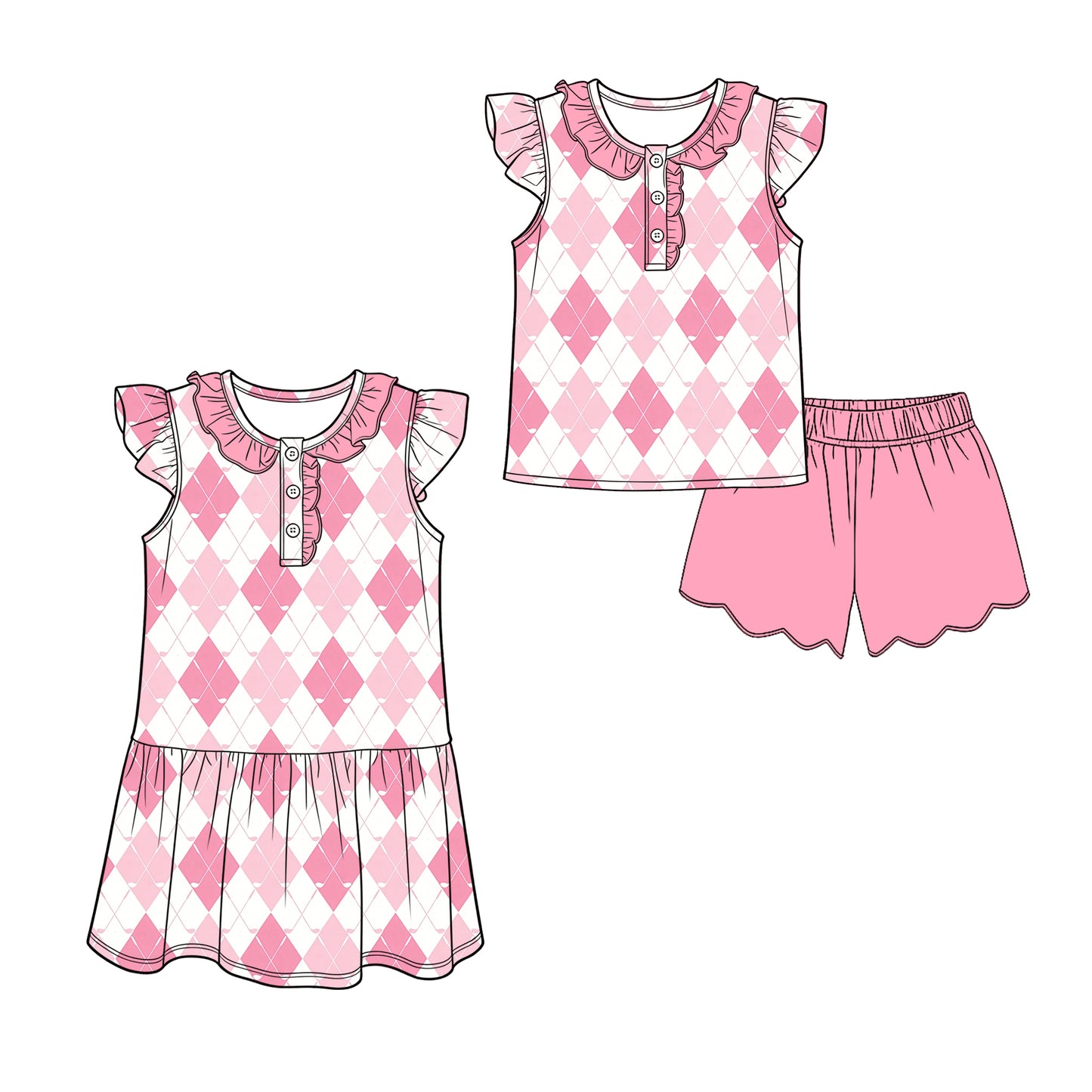 3.13 Custom moq 5 mix size Sibling Baby Girl's Pink Top with Flying Sleeves And Pink Shorts Set Dress with Flying Sleeves