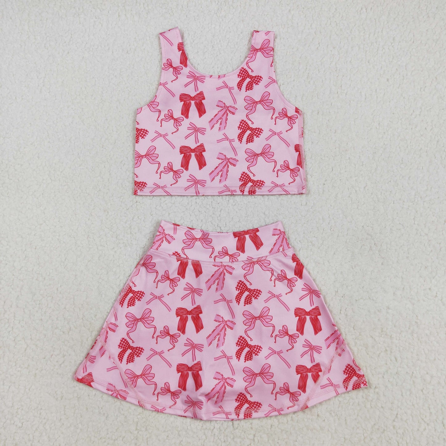 RTS NO MOQ（In Stock ) GSD2459 Pink Bow Pattern Tank Skirt Yoga Set
