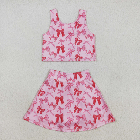 RTS NO MOQ（In Stock ) GSD2459 Pink Bow Pattern Tank Skirt Yoga Set