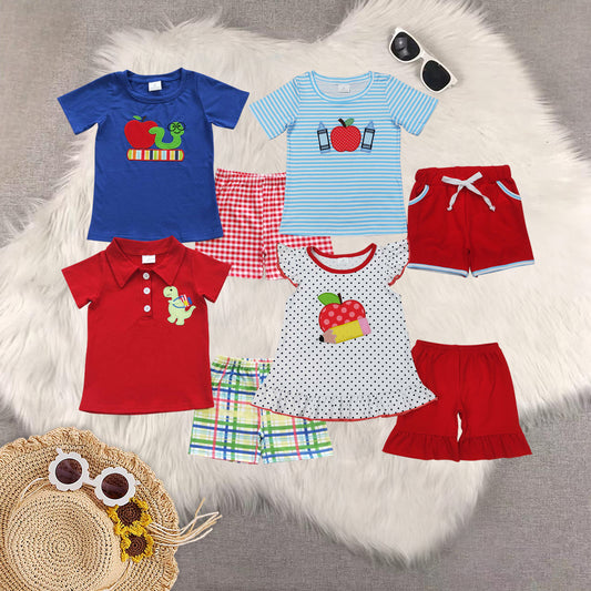RTS NO MOQ baby girl clothes embroidery back to school short-sleeved shorts suit & short-sleeved sets