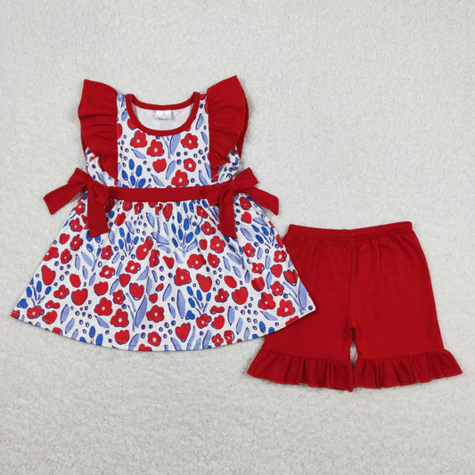 GSSO0609 Flower red lace bow flying sleeve shorts suit