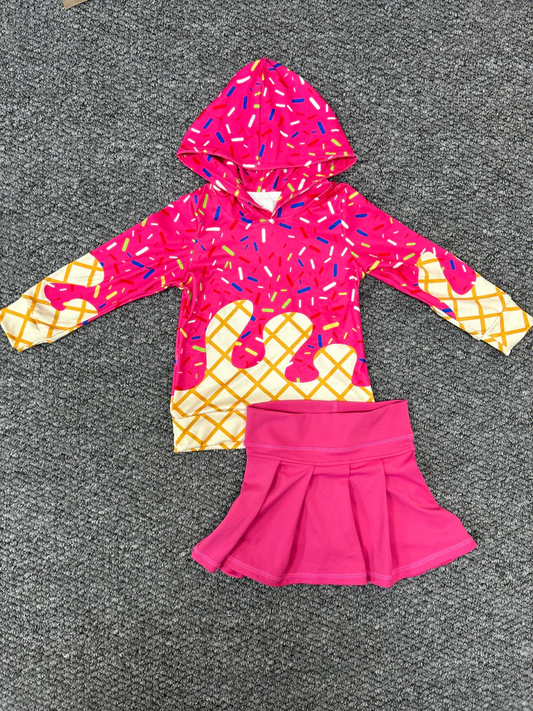 RTS NO MOQ BT1271+GLK0079 Waffle Ice Cream Rose Red Hooded Long-Sleeved Top Plain Rose Red Yoga Skirt sets