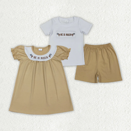 RTS Sibling baby girl boy clothes embroidery easter Short Sleeve Shorts sets and dress