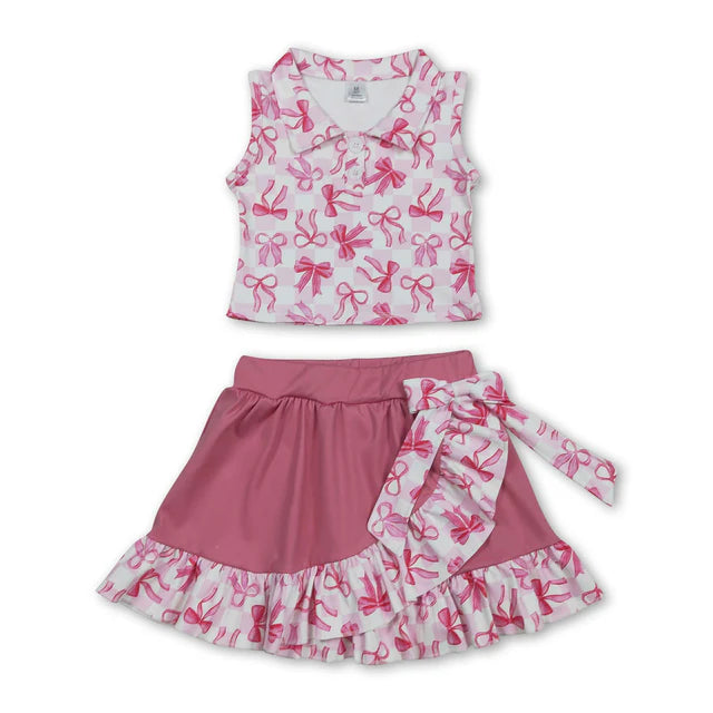 RTS NO MOQ Sibling Baby Girls Bows Checked Button Vests Ruffle Skirt Shorts Yoga Active Clothes Sets