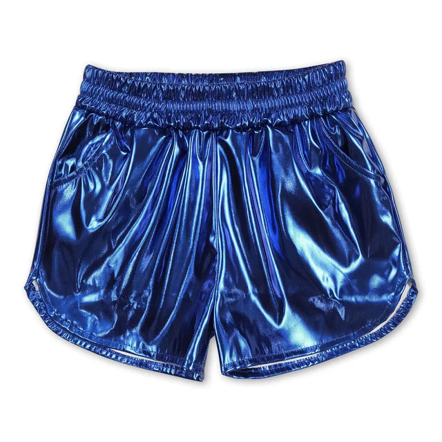 RTS NO MOQ Sibling Baby Girls  Pockets Leather Metallic Elastic Bottom Shorts