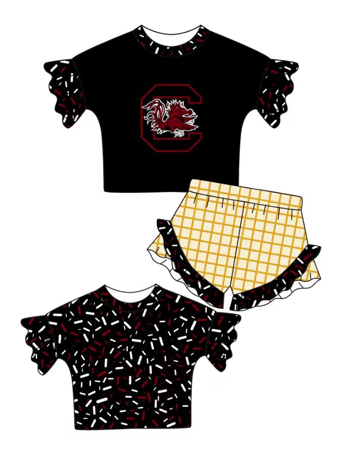 Custom moq 5 mix size milk silk summer teams baby girl clothes black short sleeve shorts sets