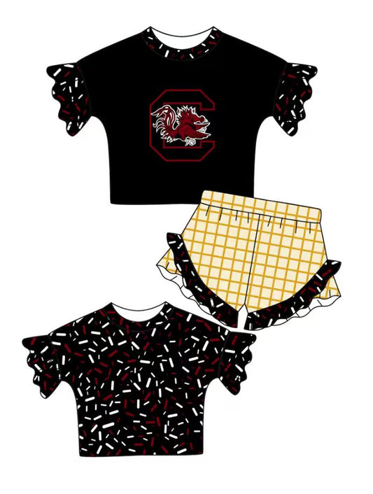 Custom moq 5 mix size milk silk summer teams baby girl clothes black short sleeve shorts sets