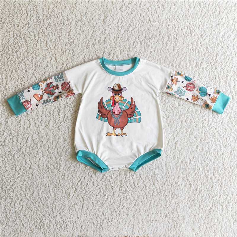 Blue Turkey Thanksgiving Sister Collection - Baby Girls Bell Bottom Pants Set & Kids Turkey Romper