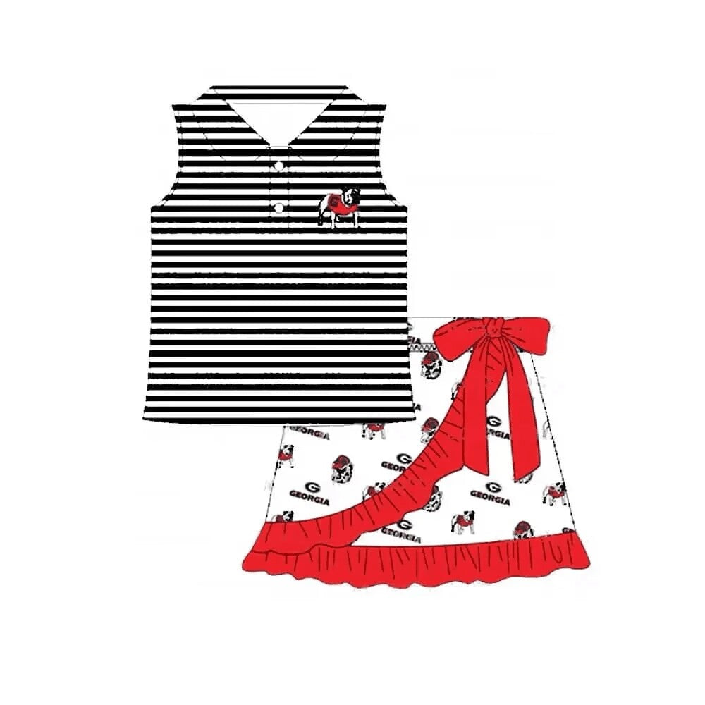 Deadline September 26 custom no moq eta 6-8weeks Black Striped Sleeveless Button Pullover - Red Lace Bow White A-Line Skirt Set