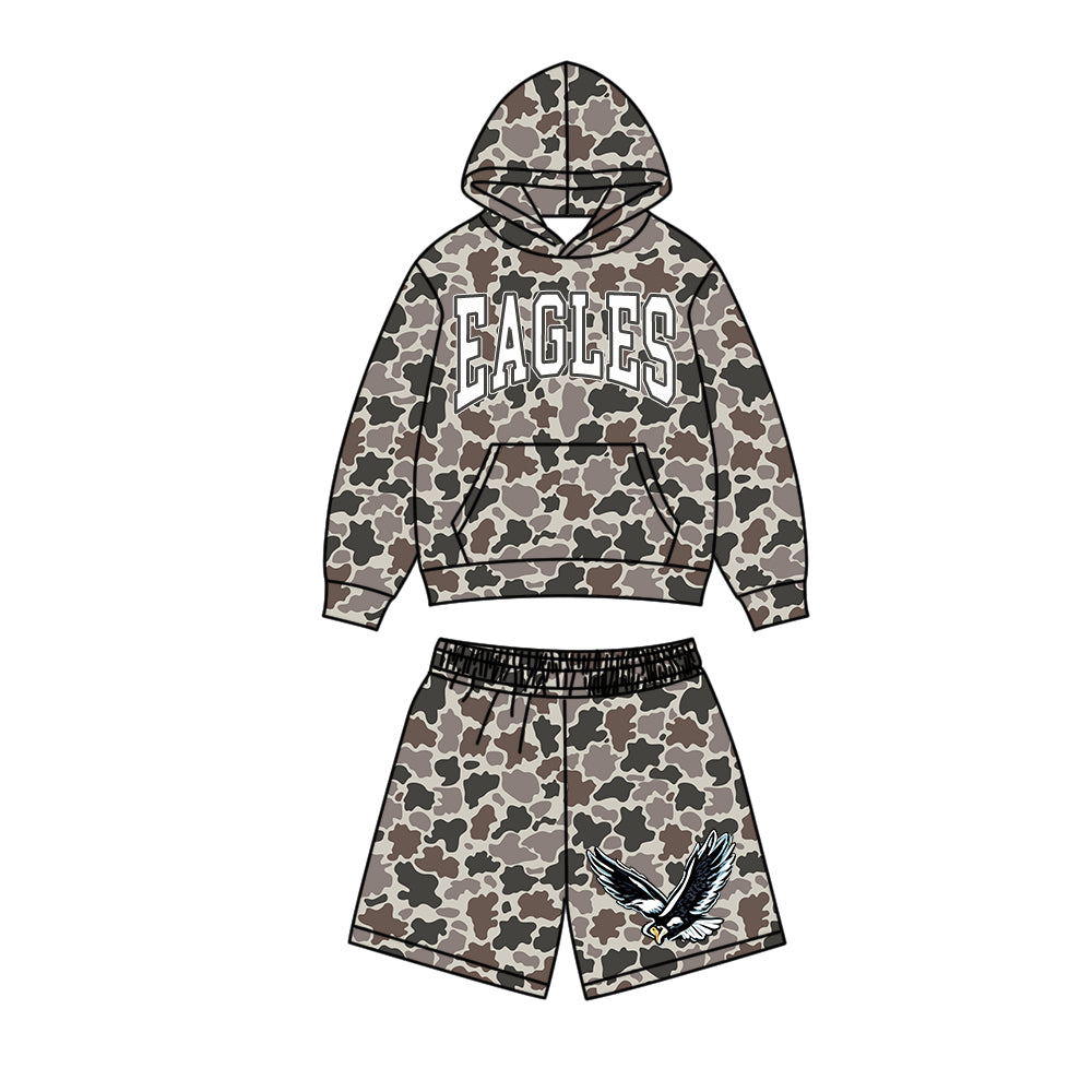custom moq 5 mix size BYTR0105 Kids Camo Print Letter Hoodie And Drawstring Shorts Clothes Set