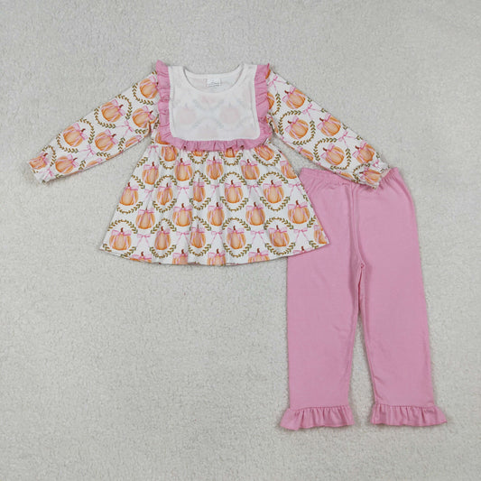 RTS NO MOQ（In Stock) GLP2427 Pink Bow Pattern Pumpkin Leaf White Long-Sleeved Pants Set