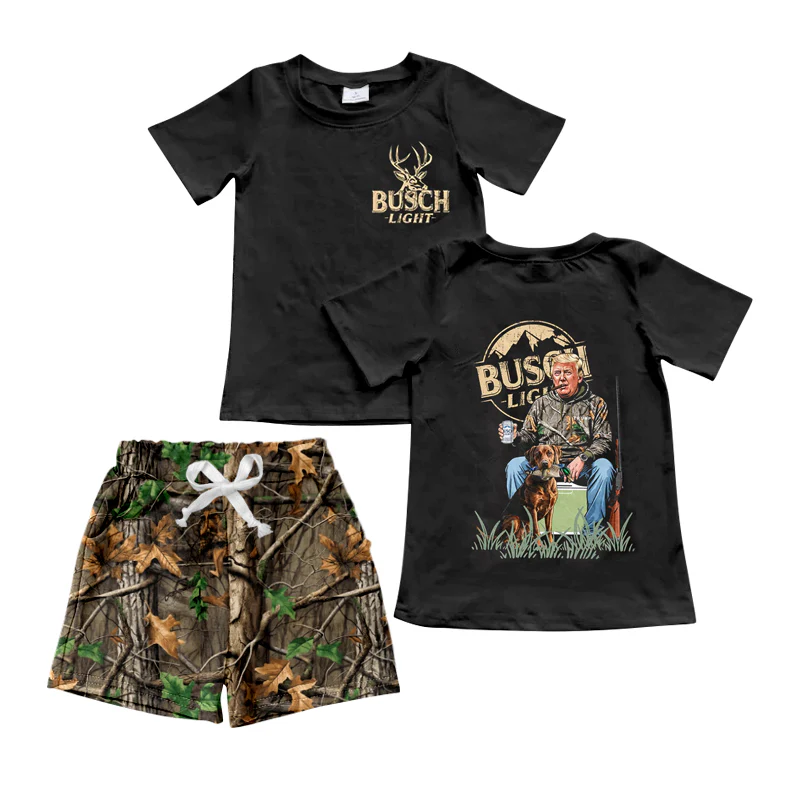 Deadline November 30 custom no moq eta 6-8weeks Baby Boys Embroidered Letters Deer Antlers Black Short Sleeve Top-Dead Leaf Shorts Set