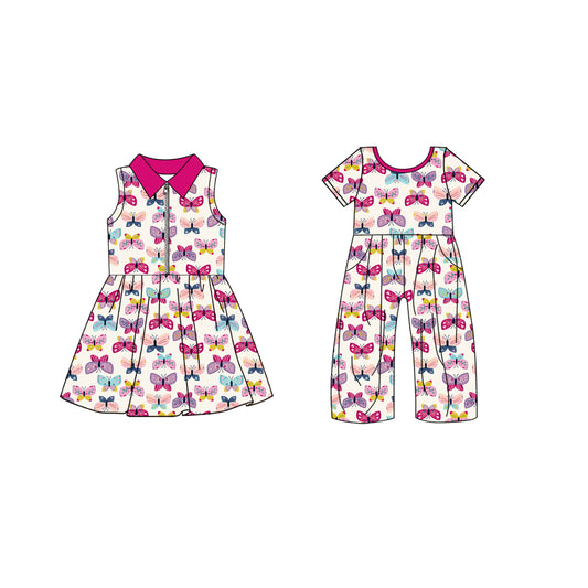 4.25 custom each style moq 5eta 4-6week Sibling Sister butterfly baby girl short sleeve yoga dresses and jumpsuit match design