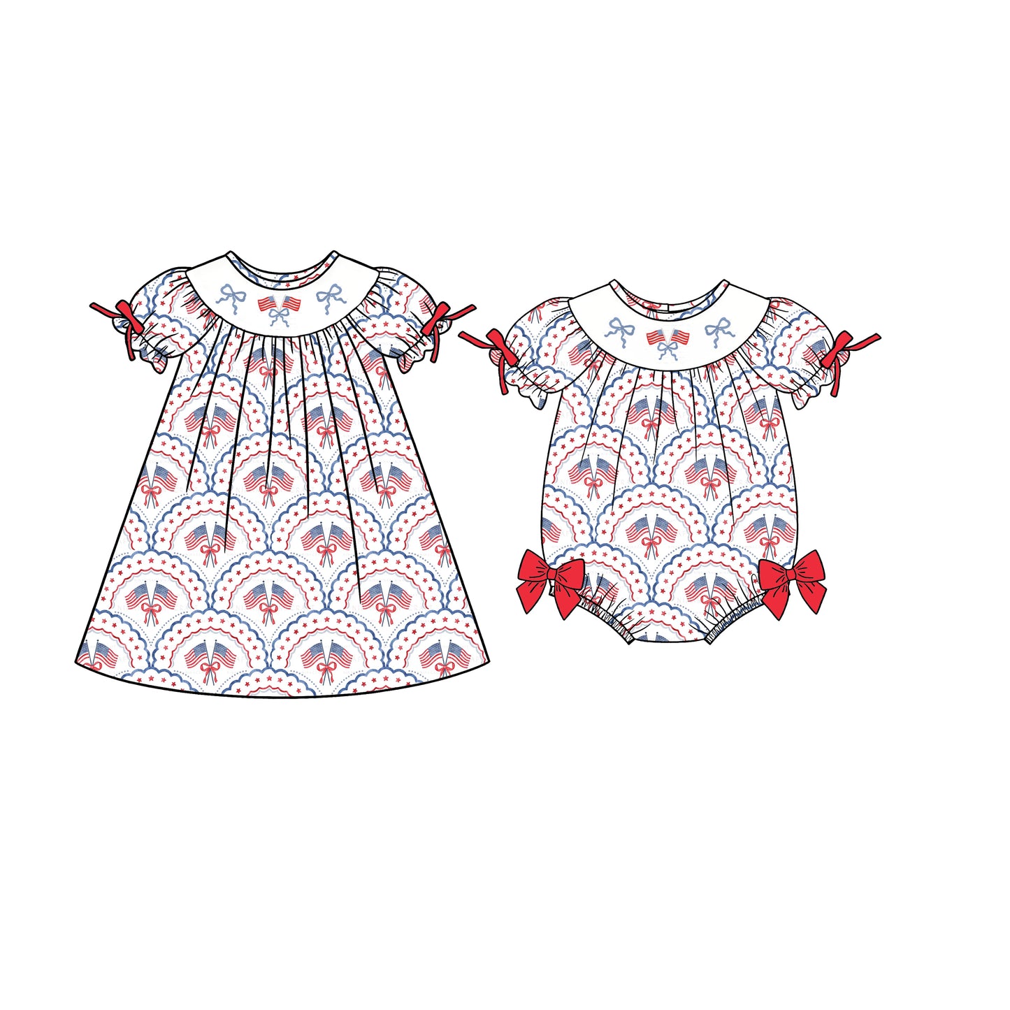 25.12.29 custom each style moq 5 eta 6-8week Sibling Sister flag bow baby short sleeve romper and dress match design