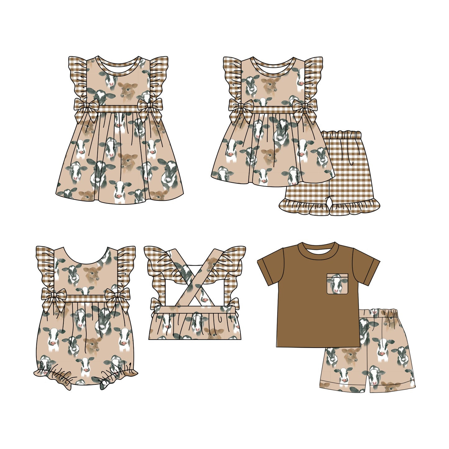 12.16 custom each style moq 5eta 4-6week Sibling Sister cow head baby girl short sleeve shorts sets and sets 2 and girls romper and boy romper and dress match design
