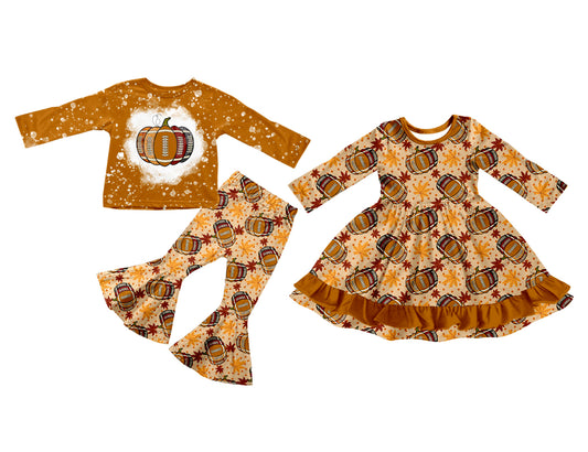 25.7.10 custom each style moq 5eta 4-6week Sibling Sisters pumpkin baby girl long sleeve pants sets and dress match family design
