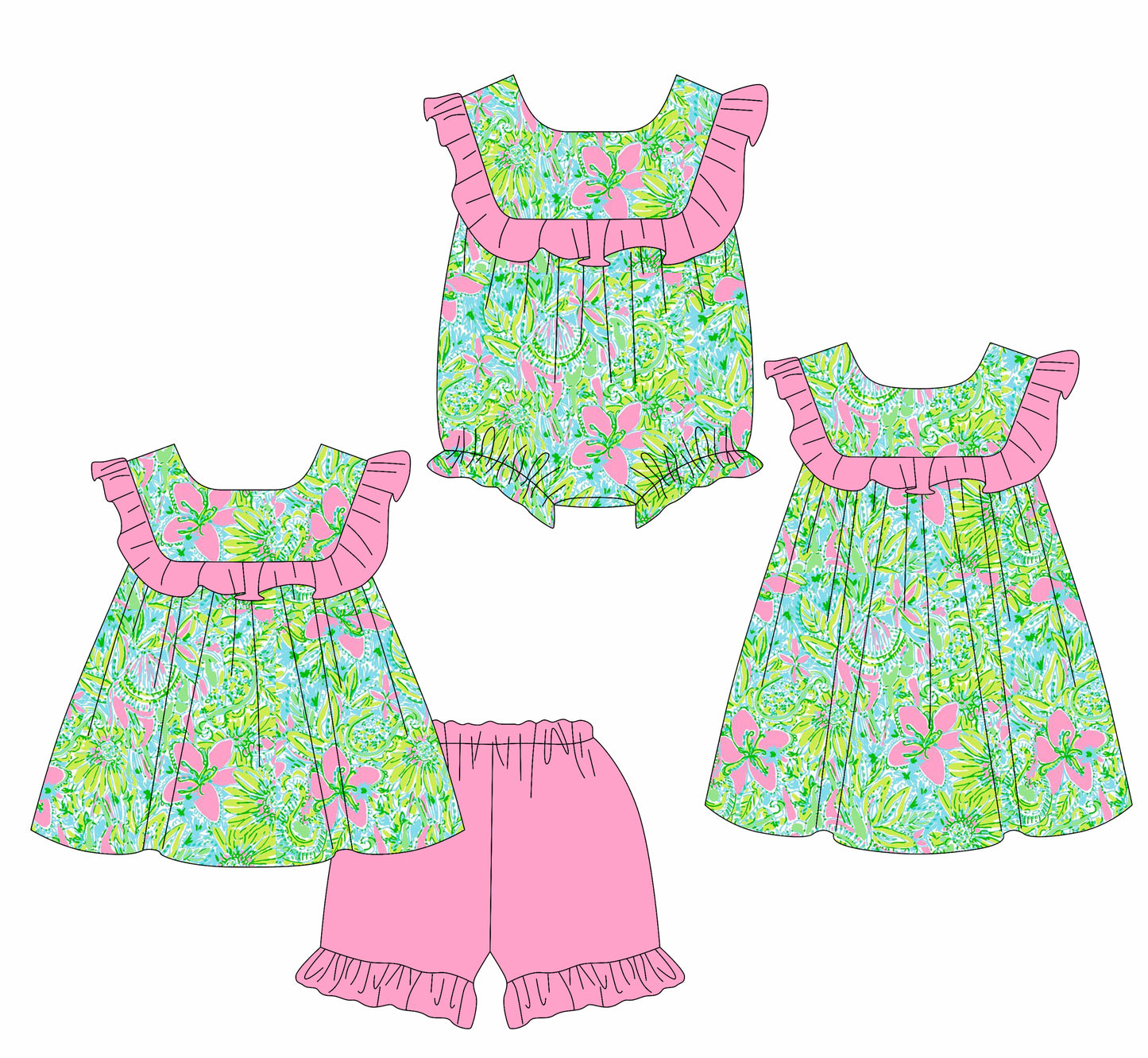 2.11 custom each style moq 5eta 4-6week Sibling Sisters floral baby girl short sleeve shorts sets and dress and rompers match family design