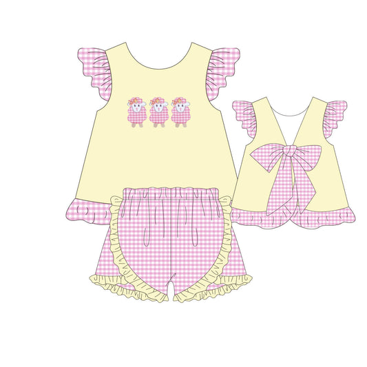 5.18custom each style moq 5eta 4-5week Sibling Sister sheep print blue and pink girls and boys outfits and baby romper match family design