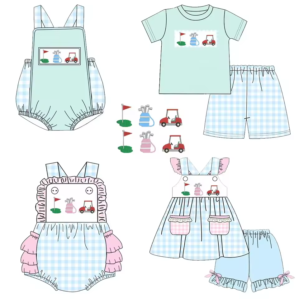 5.21custom each style moq 5eta 4-5week Sibling Sister Golf series print blue plaid green girls and boys outfits and baby romper match family design