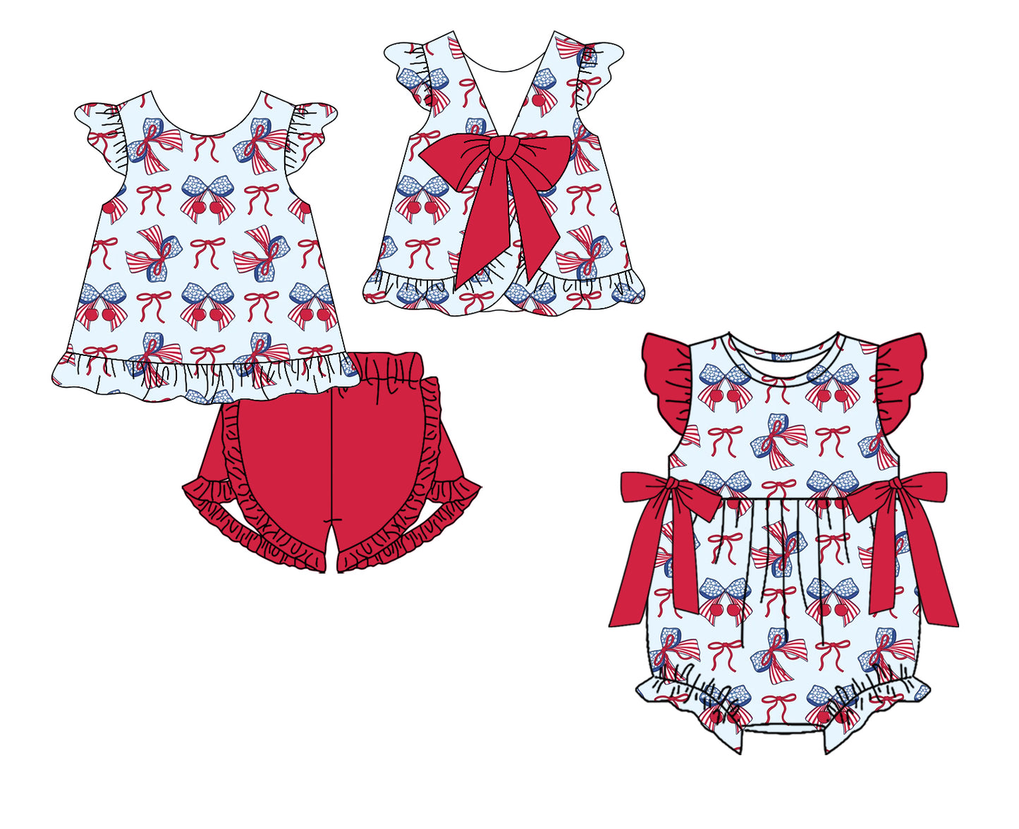 Custom moq 5 mix size Sibling Baby Girl Print Romper Set Sleeveless Top And Shorts 4th of July Outfit for Spring/Summer
