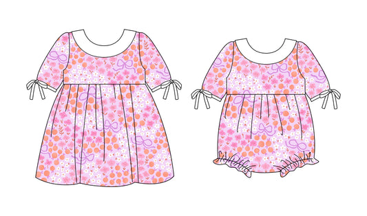 25.10.3 custom each style moq 8 eta 6-8week Sibling Sisters bow floral baby girl short sleeve dress and rompers match family design