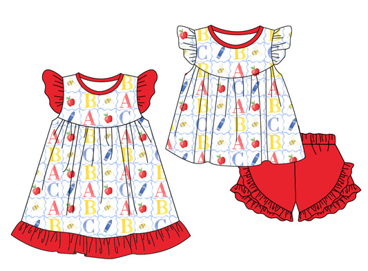 2.19 custom each style moq 5eta 4-6week Sibling Sister ABC baby girl short sleeve shorts sets and dresses match design
