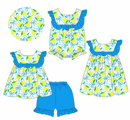3.22 custom each style moq 5eta 4-6week Sibling Sisters lemon bow baby girl short sleeve shorts sets and dress and rompers match family design