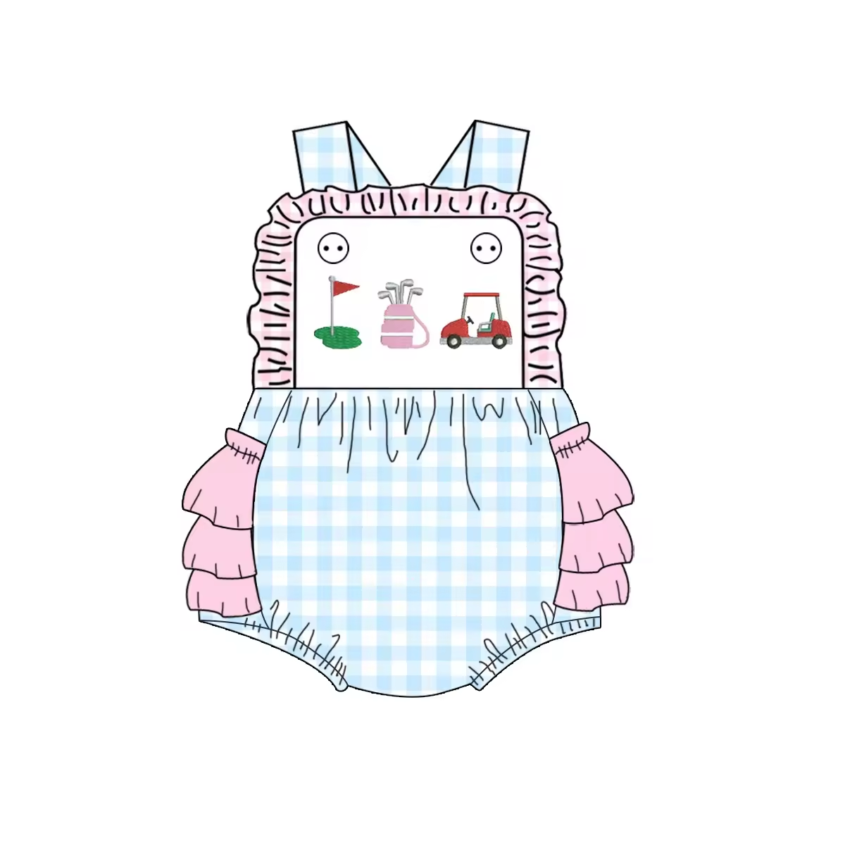 5.21custom each style moq 5eta 4-5week Sibling Sister Golf series print blue plaid green girls and boys outfits and baby romper match family design