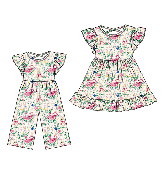 25.12.24 custom each style moq 5 eta 6-8week Sibling Sister bunny floral baby short sleeve dress and jumpsuit match design