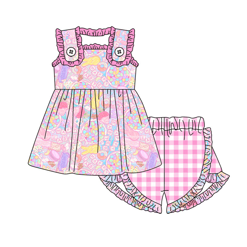 10.14 custom each style moq 5eta 4-6week Sibling Sister rabbit pink baby girls sleeveless shorts sets and rompers match design
