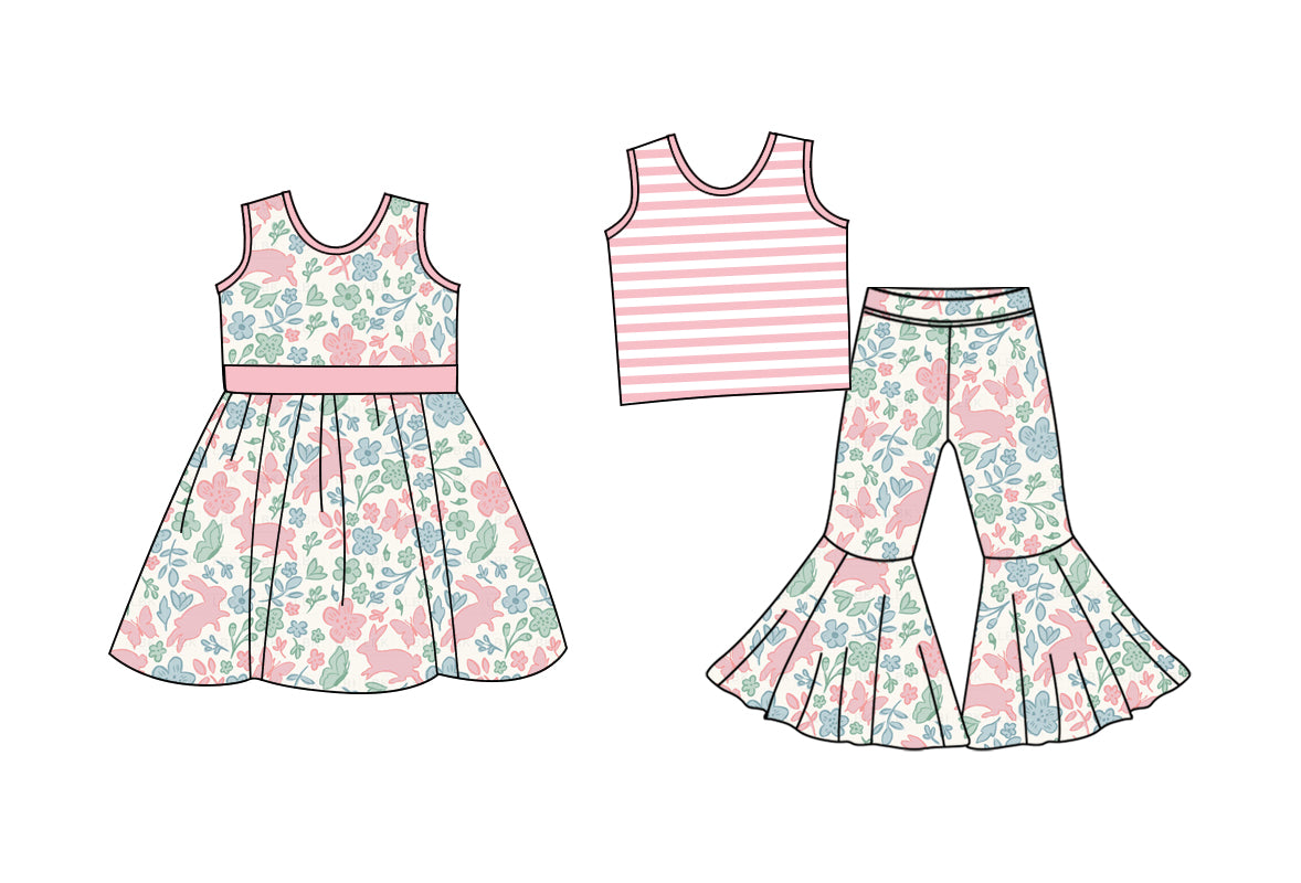 25.9.26 custom each style moq 8 eta 6-8week Sibling Sisters floral bunny baby girl short sleeve pants sets and dress match family design