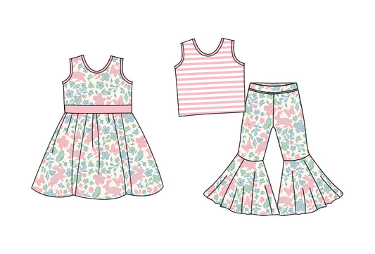 25.9.26 custom each style moq 8 eta 6-8week Sibling Sisters floral bunny baby girl short sleeve pants sets and dress match family design