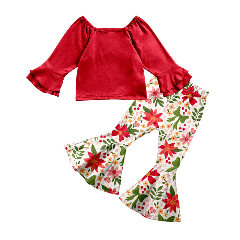 9.3 custom each style moq 5eta 4-6week baby girls clothes floral red long sleeve pants sets