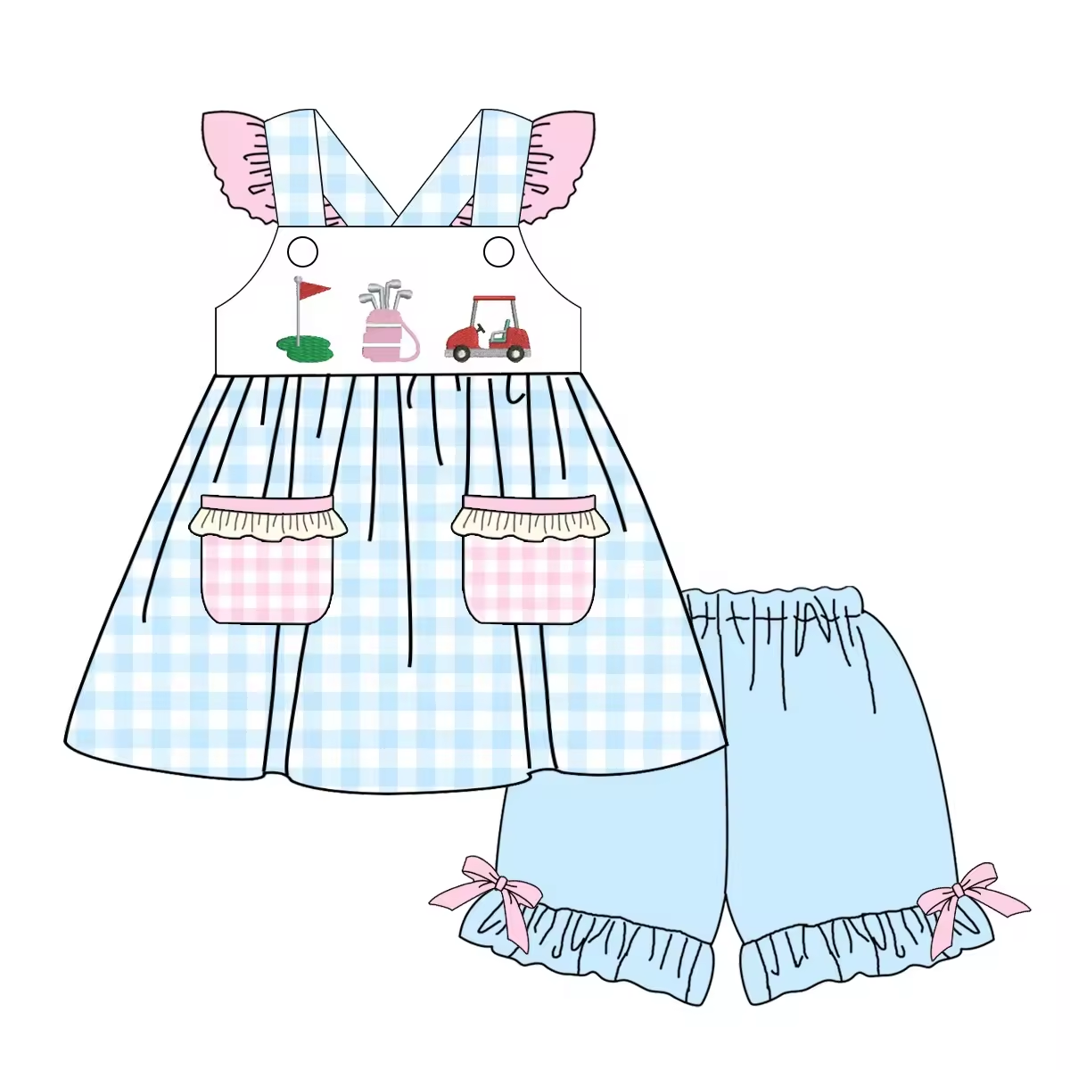 5.21custom each style moq 5eta 4-5week Sibling Sister Golf series print blue plaid green girls and boys outfits and baby romper match family design