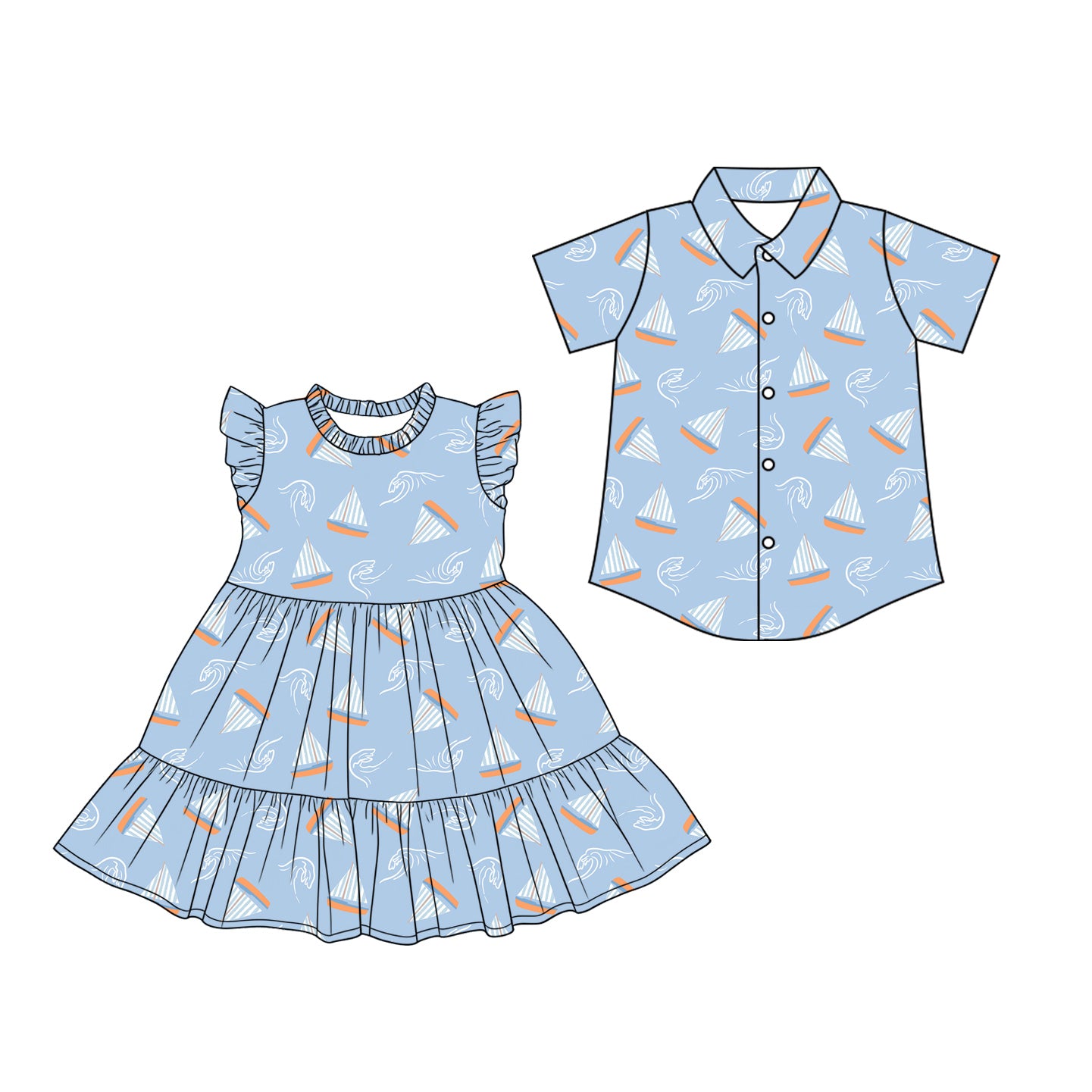 26.1.24 custom each style moq 5 eta 6-8week Sibling Sister boat baby button short sleeve top and dress match design