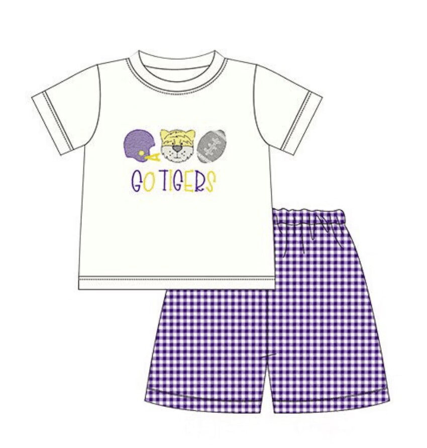 5.9custom each style moq 5eta 4-5week Sibling Sister GO TIGERS prints purple girls and boys set match family design