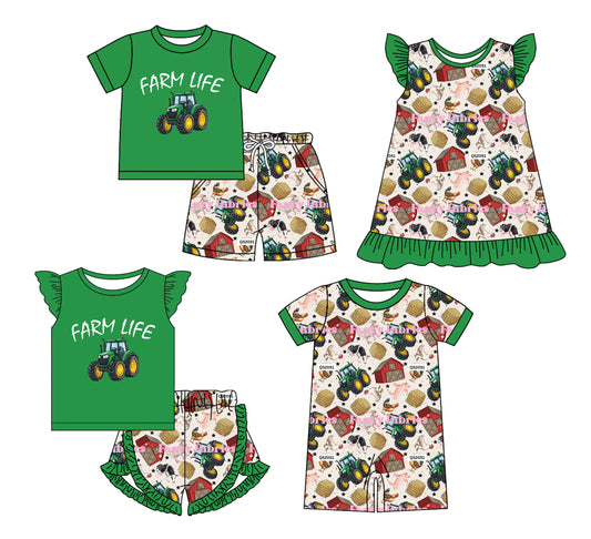 4.15 custom each style moq 5eta 4-6week Sibling Sisters farm green baby girl short sleeve shorts sets 1 and sets 2 and dress and rompers match family design