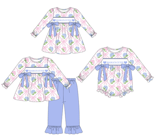 25.9.19 custom each style moq 8 eta 6-8week Sibling Sisters MAMA bow floral baby girl long sleeve pants sets and dress and rompers match family design