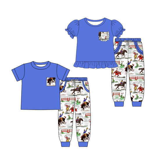 4.28 custom each style moq 5eta 4-6week Sibling Sister horse blue baby boy pants sets 1 and sets 2 match family design
