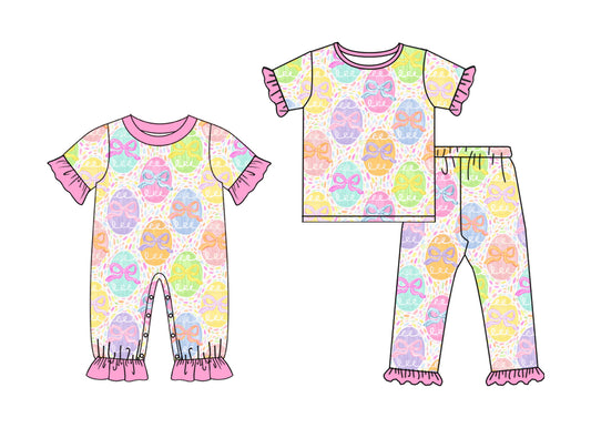 25.10.4 custom each style moq 8 eta 6-8week Sibling Sisters easter bow baby girl clothes short sleeve pants sets and romper match family design