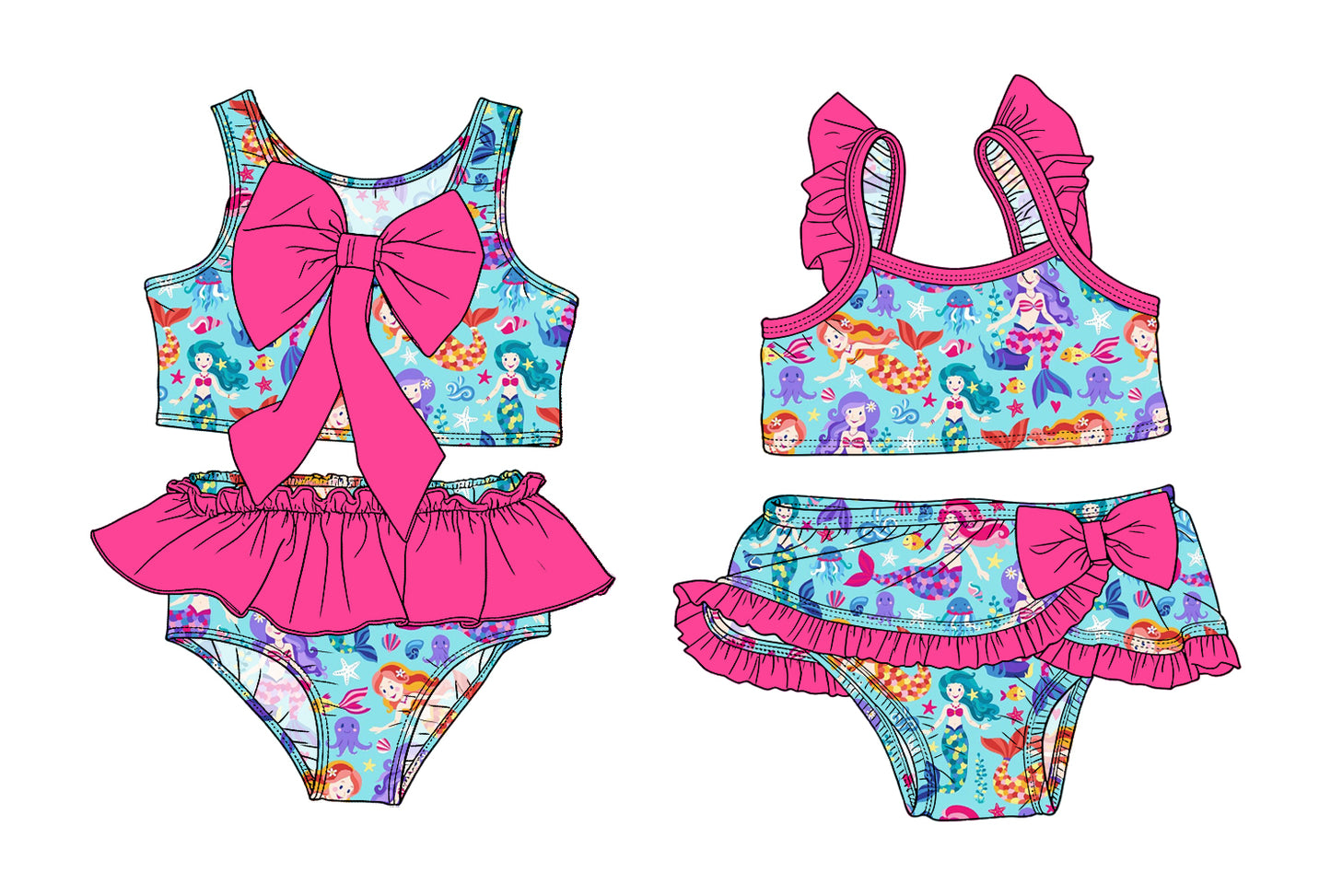 3.14 Custom moq 5 mix size Sibling Baby Girls Blue Sleeveless Top With Bow Bummies Two-Piece Set Infant Swimwear
