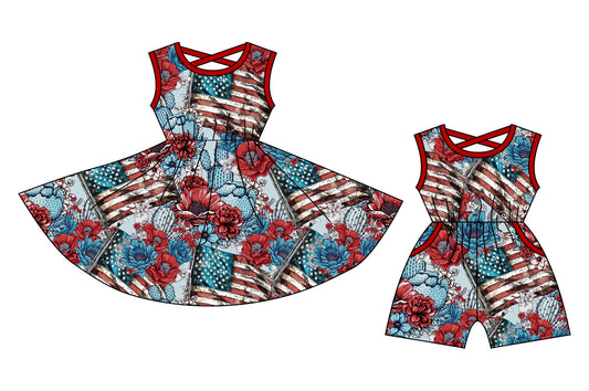 12.21 custom each style moq 5eta 4-6week Sibling Sister floral baby girl short sleeve shorts dress and jumpsuit match design