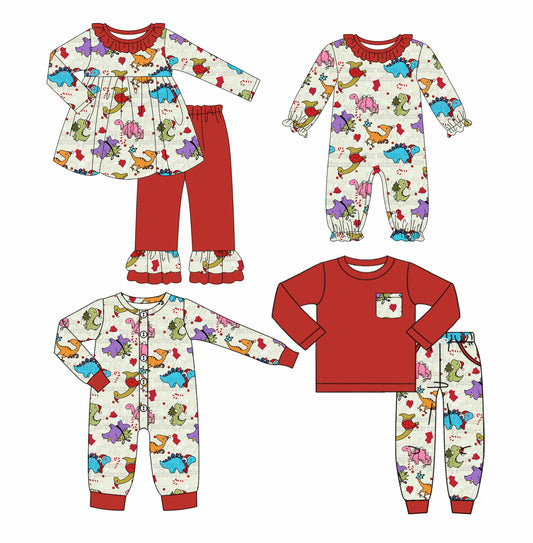 25.6.11 custom each style moq 5eta 4-6week Sibling Sisters dinosaur baby girl long sleeve pants sets 1 and sets 2 and romper 1 and romper 2 match family design