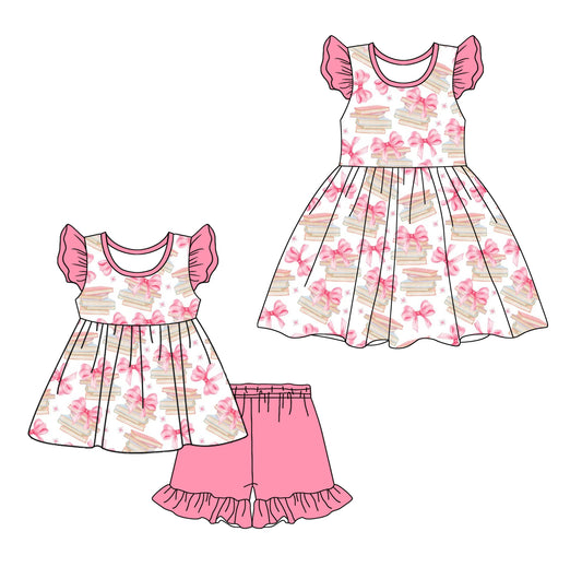4.16 custom each style moq 5eta 4-6week Sibling Sister books bow baby girl short sleeve shorts sets and dresses match design
