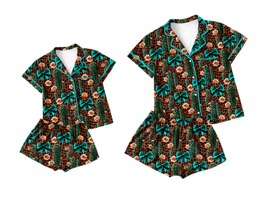 2.25 custom each style moq 5eta 4-6week Sibling Sister bow floral catcus short sleeve shorts sets and adult sets match design