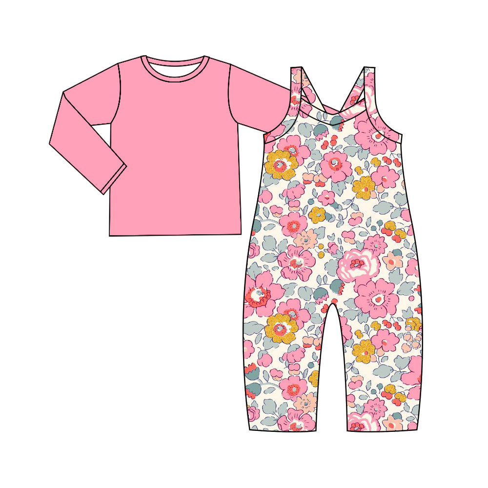 9.12 custom each style moq 5eta 4-6week baby girls clothes floral pink long sleeve suspender pants sets