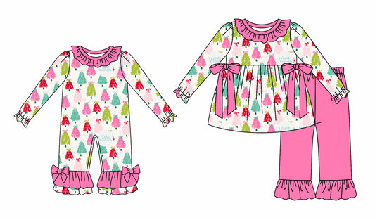 25.5.26 custom each style moq 5eta 4-6week Sibling Sisters Christmas trees pink baby girl long sleeve pants sets and rompers match family design