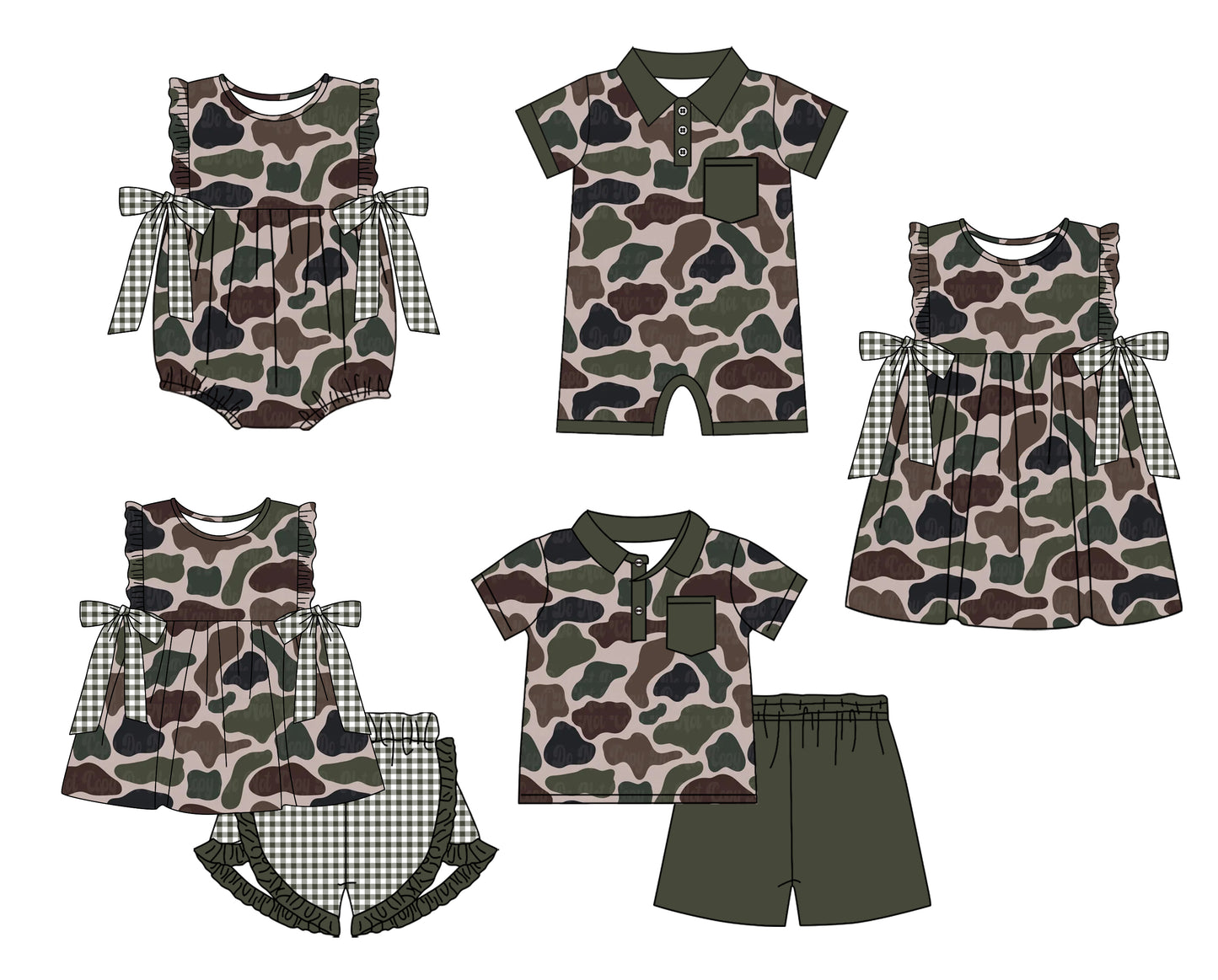 11.23 custom each style moq 5eta 4-6week Sibling Sister camouflage baby girl short sleeve shorts sets and sets 2 and girls romper and boy romper and dress match design